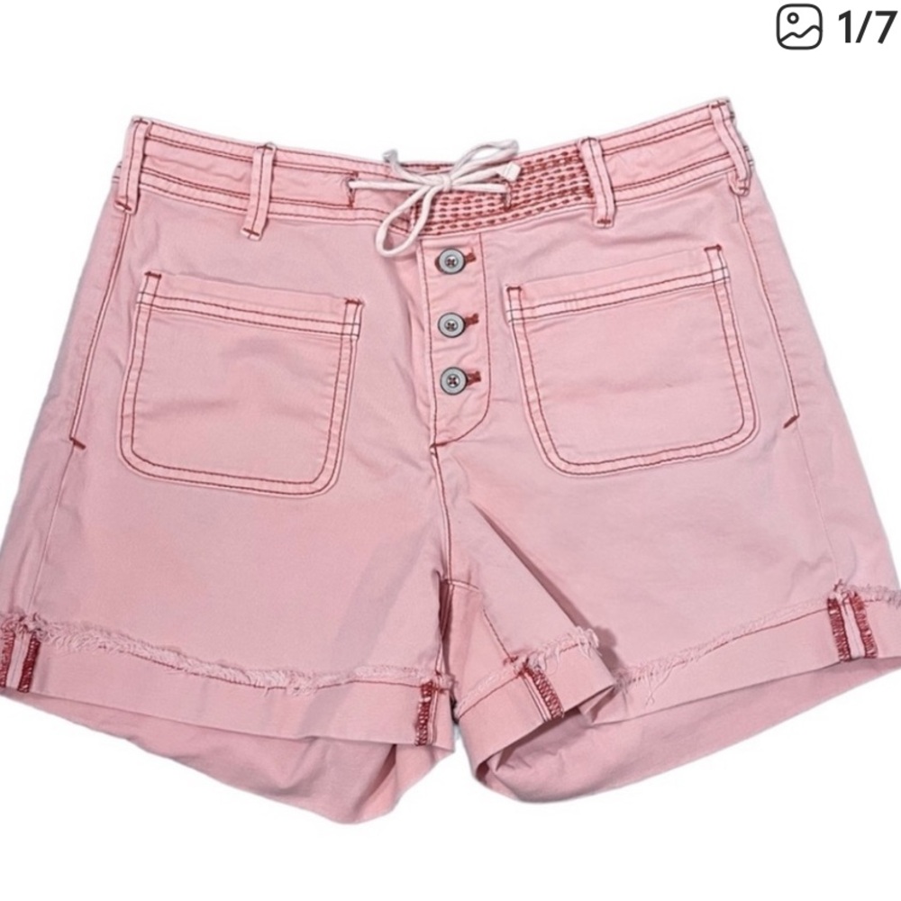 Anthropologie high rise pale pink chino front patch pocket tie waist short sz 31